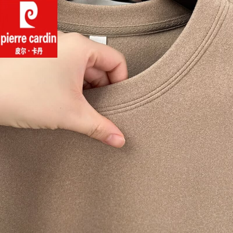 皮尔卡丹高端品牌秋冬新款圆领德绒加厚短袖卫衣男纯色T恤半袖打底衫国际 国际一线品牌浅卡其 2XL