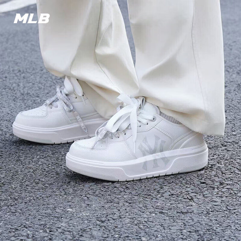 MLB汪苏泷同款鞋子男女时尚复古老花增高学长鞋板鞋百搭休闲运动鞋 纽约洋基队/浅灰色 40.5