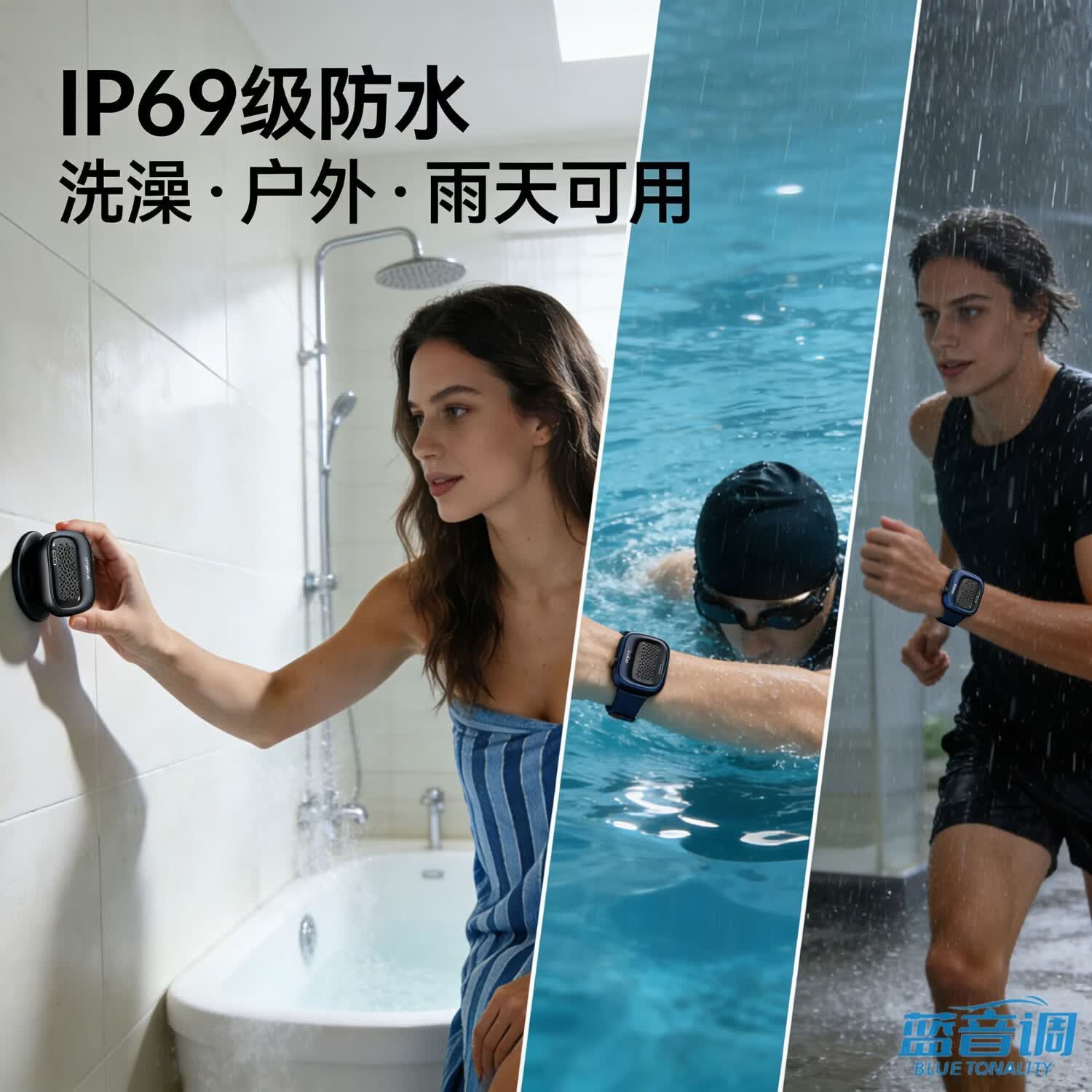 蓝音调(BLUE TONALITY)穿戴式蓝牙音箱 超轻仅43g 便携户外跑步骑行 腕带/领夹/挂脖三用 浴室IP69防水 20H超长续航 深海幽蓝【多台互联*129DB大音量*20H超长续航】 【标准版不带内存】HIFI音质+IP69级防水+多种佩戴方式