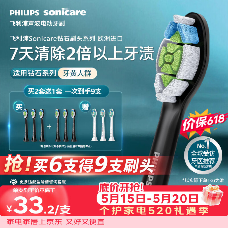 飞利浦（PHILIPS）电动牙刷头W2亮白型官方原装欧洲进口适配钻石1/3/3pro/CI/导航刷系列刷柄  3支装HX6063/96 黑