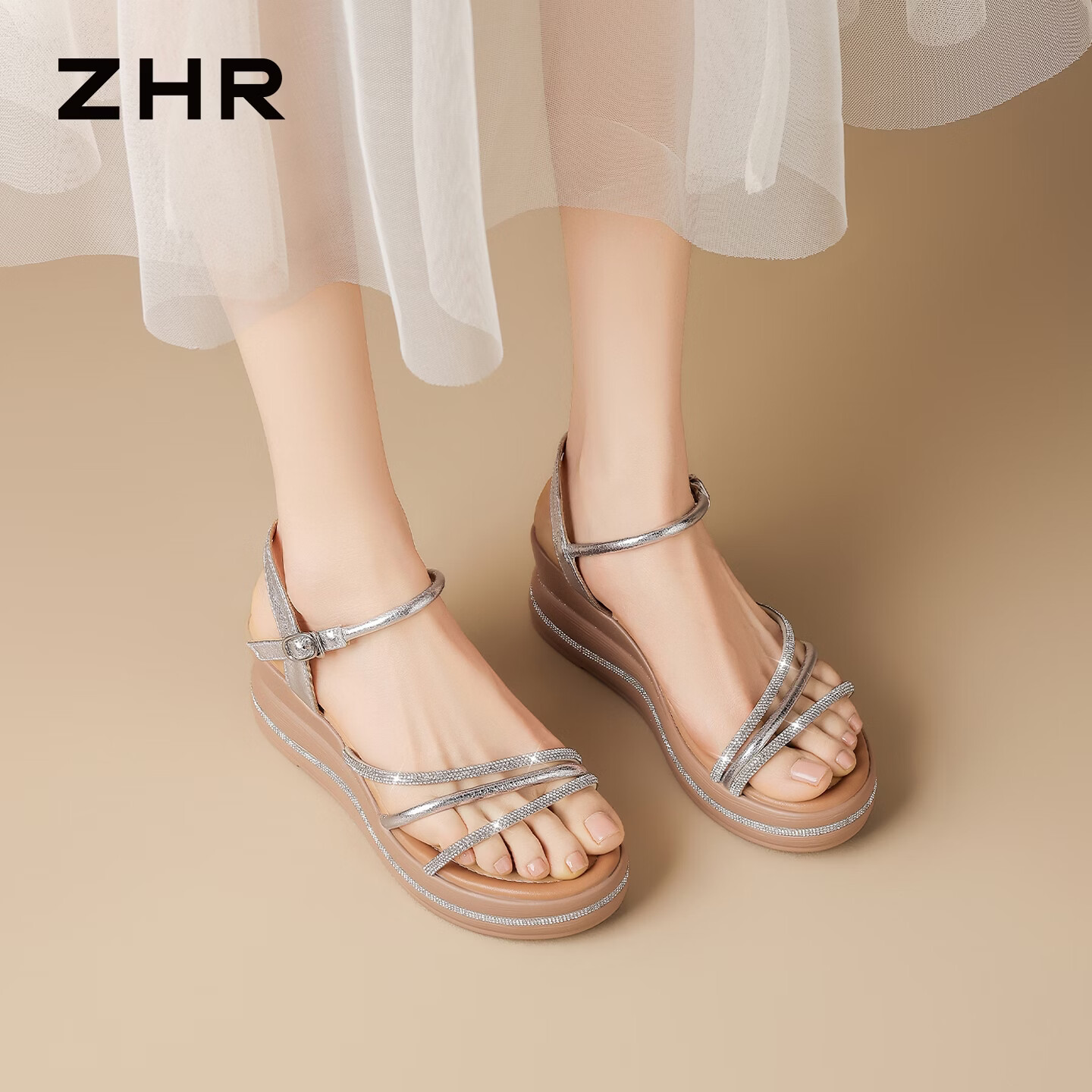 ZHR则则坡跟凉鞋女新款夏季水钻细带厚底洋气仙女风高跟女鞋 AY502银色35