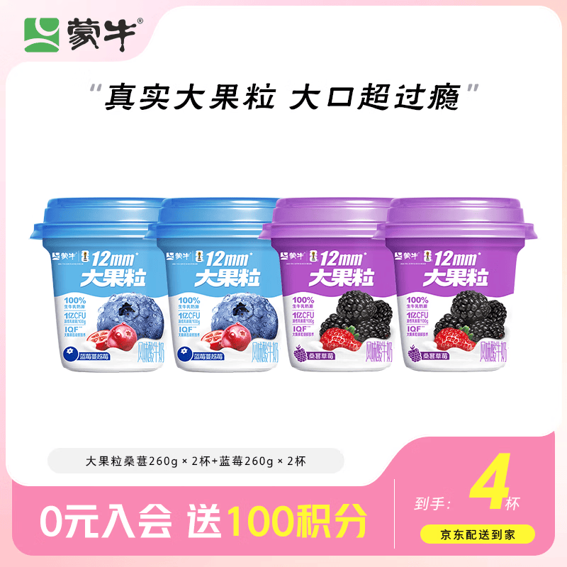 蒙牛（MENGNIU）大果粒酸奶桑葚260g×2杯+蓝莓260g×2杯 源头直发