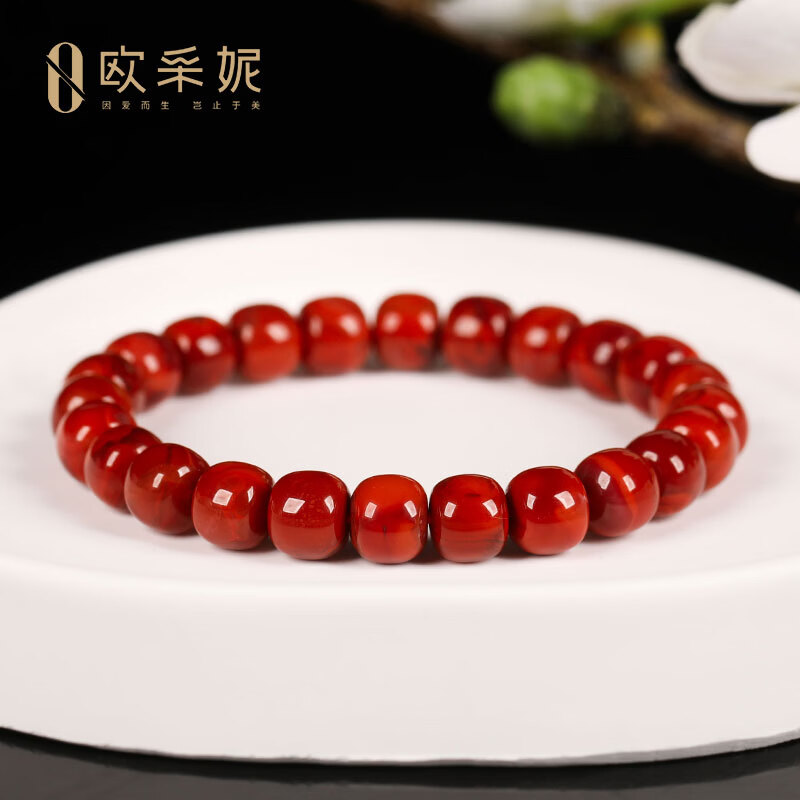 欧采妮（OUCERNY）凉山南红手串收藏牛血红火焰纹锦红玛瑙老形桶珠手串送520礼物 9mm