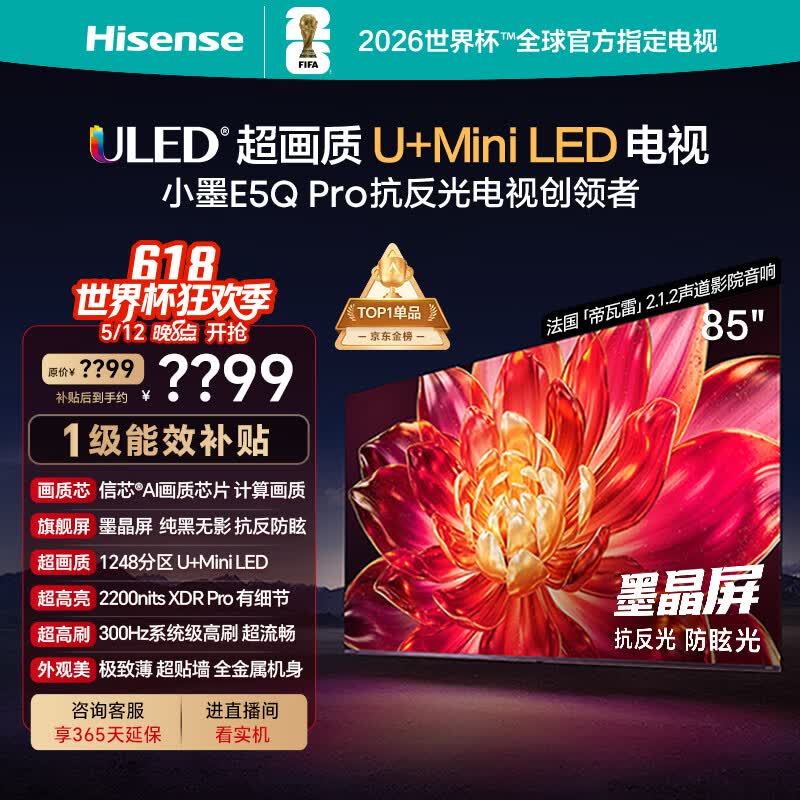 海信电视小墨E5Q Pro 85英寸【送装一体-固定挂架】1248分区U+MiniLED 信芯芯片抗反光防眩光世界杯