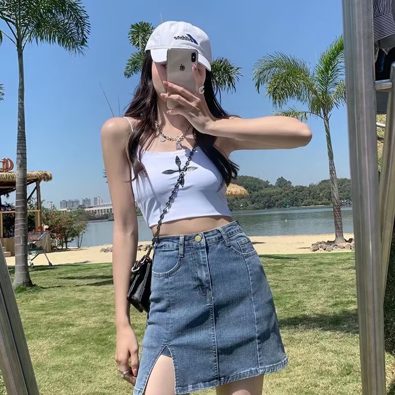 无品牌开叉牛仔短裙女夏季大码短裤裙高腰显瘦防走光a字包臀裙半 黑色 5XL