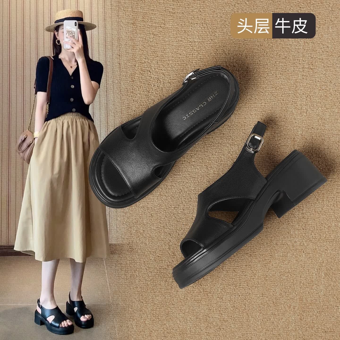 ZHR则则头层牛皮单凉鞋女一字带露趾女鞋轻便松糕妈妈粗高跟鞋JE63黑色38