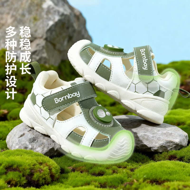 贝贝怡（Bornbay）夏季新款宝宝凉鞋男童学步鞋0一1-2岁婴儿防滑软底 白绿 25