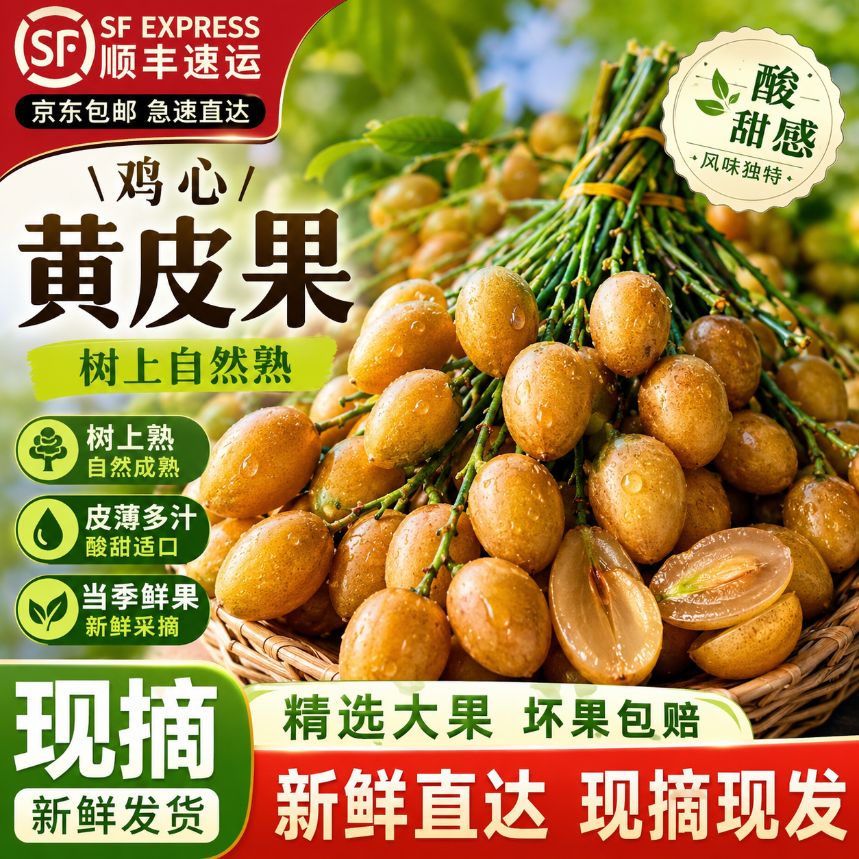 樱鲜广东鸡心黄皮果【顺丰JD-多地次日达】当季特产现摘现发孕妇可吃  鸡心黄皮果【酸甜多汁】带细支发货 3斤独享装【单人独享-较划算】净2.6斤