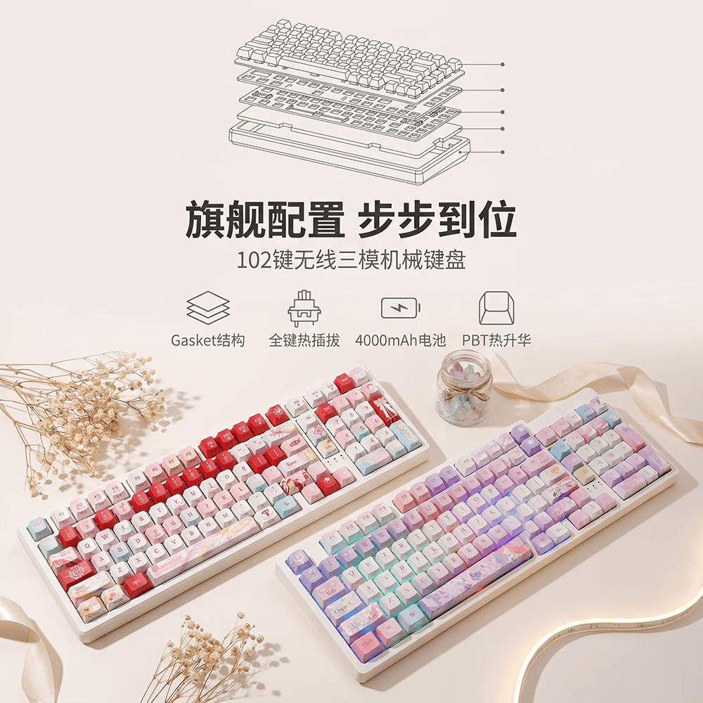 TTTSKONE 102 键无线三模客制化机械键盘gasket结构 全键热插拔客制化,女生系列热升华键帽办公游戏通用。 风堇主题