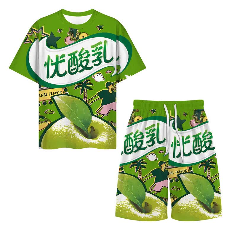 25年夏季爆款抽象短袖尖叫饮料图案数码印花搞怪团服t恤 绿色优酸乳-短裤+短袖 140 儿童码140