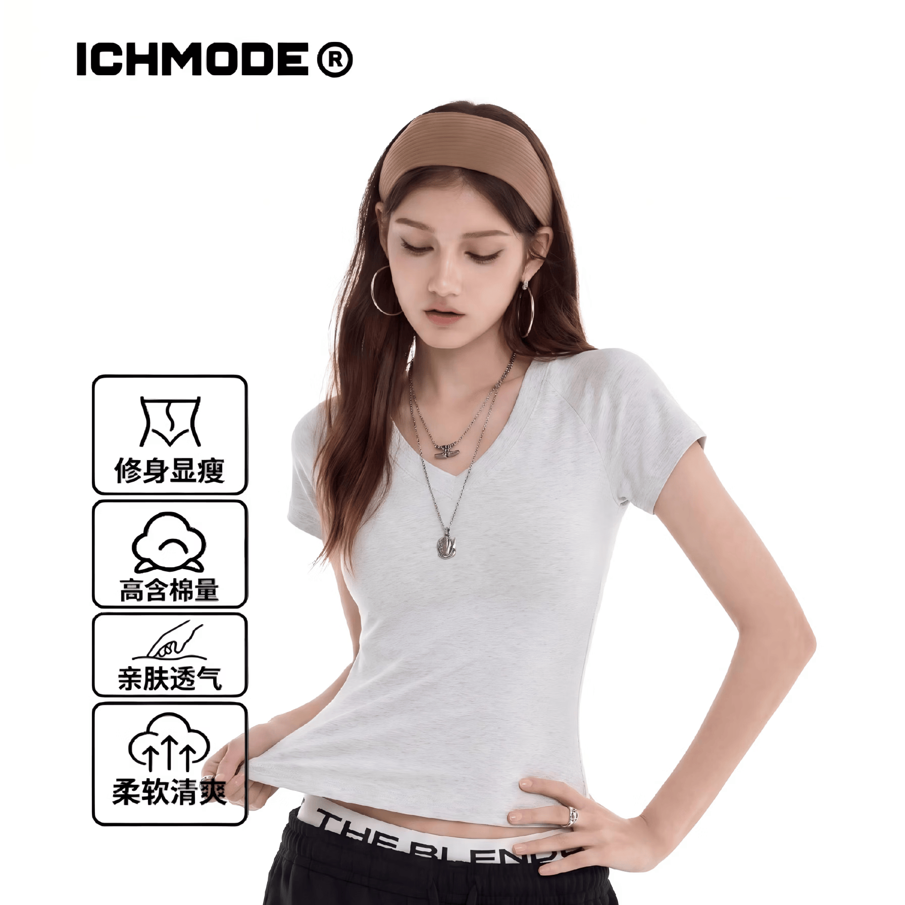 ICH MODE美式修身V领正肩短袖T恤女夏季新款显瘦短款辣妹半袖上衣白花灰L