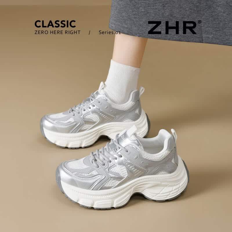 ZHR则则厚底老爹鞋新款休闲百搭女鞋软底增高运动鞋女 IF125 银色 38