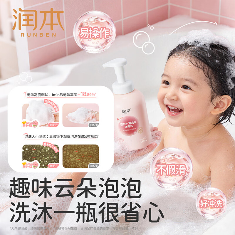 润本儿童洗发水沐浴露二合一氨基酸宝宝婴儿沐浴油沐抚触油护发素香皂 550ml*1瓶 【0岁+】桃叶泡泡婴儿款