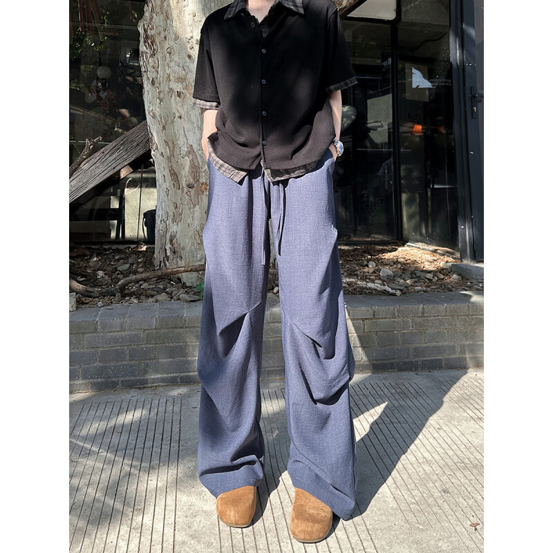 YORK ZOOM夏季新款美式仿麻垂感褶皱长裤宽松薄款透气阔腿休闲裤 藏青色 3XL
