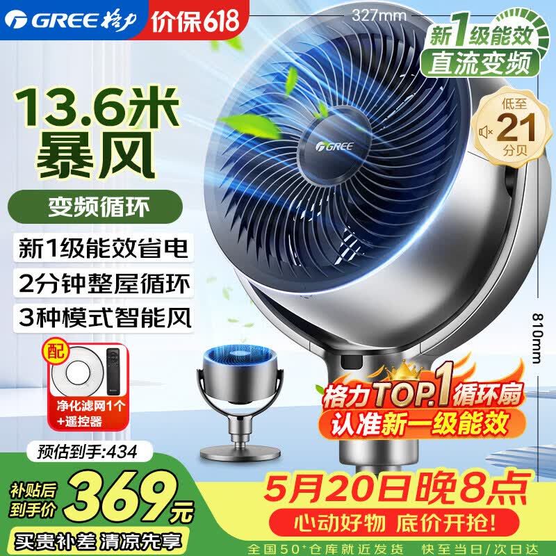 格力（GREE）【直流变频明星单品】空气循环扇遥控电风扇落地扇家用一级能效换气扇循环对流风扇 FXDZ-20X62Bg3
