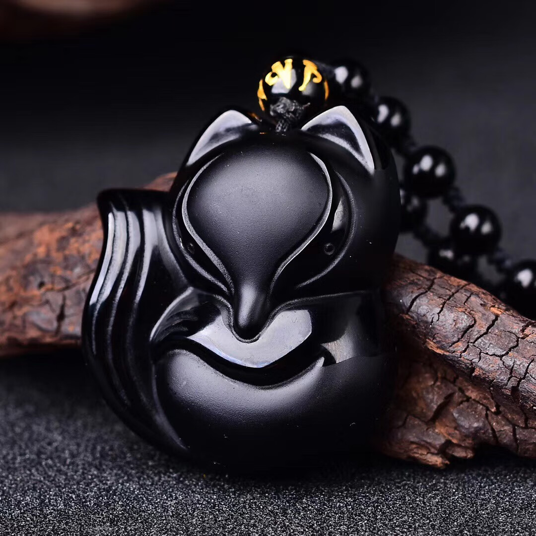 百世代黑狐恒素吊坠男女磨砂黑曜石狐狸项链水晶挂件 珠链款