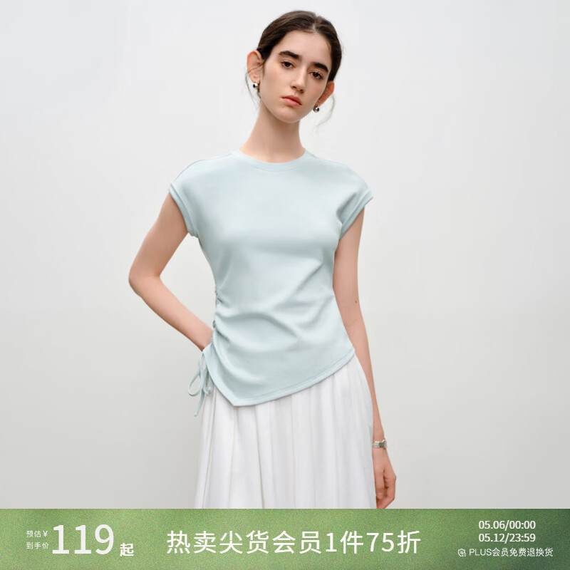 自巧小个子水柔棉短袖抽绳收腰t恤女2026夏季新款设计感针织上衣 水雾蓝 M （尺码：4）