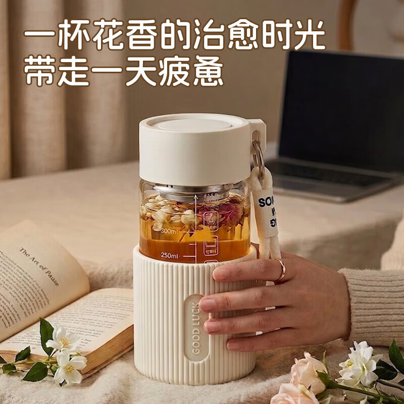 欣美雅(xinmeiya)玻璃杯女士高颜值耐高温防烫摔茶杯女士泡茶专用玻璃水杯2026新款 月光白-550ML【加厚硅胶杯套】