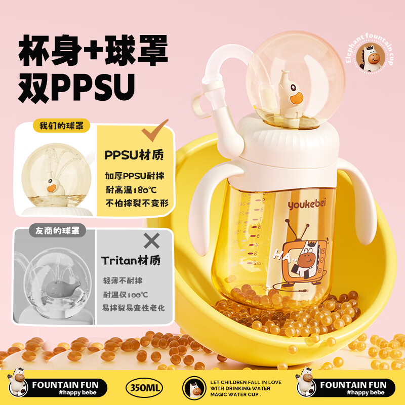 贝思卡儿PPSU喷泉水杯夏季幼儿园吸管杯儿童水杯上学专用夏天外出宝宝水杯 【升级球罩瓶身双PPSU】小象喷泉杯350ml