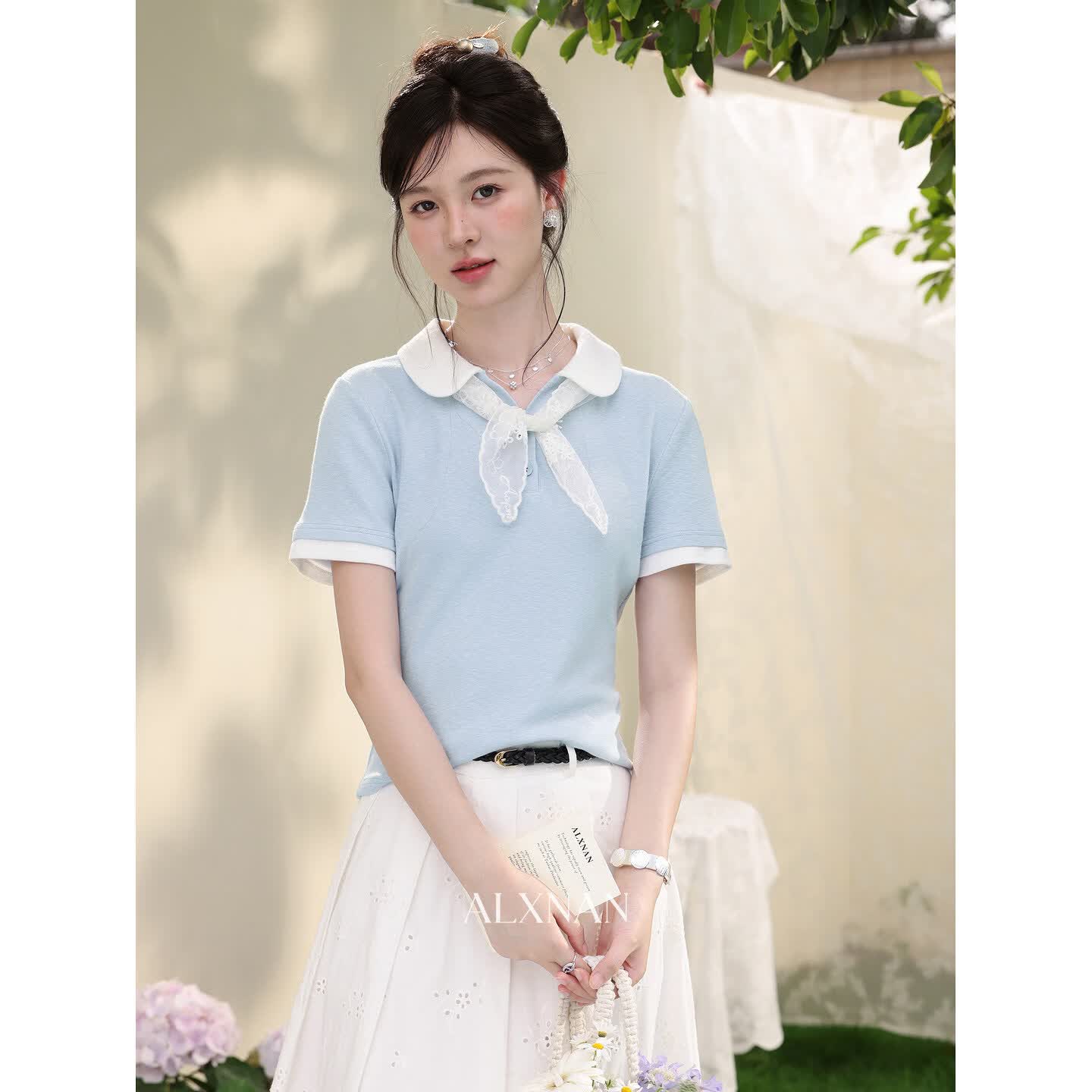 鹿向南「晴蓝信笺」蓝色假两件正肩T恤女夏新款掐腰显瘦短袖上衣 蓝色 假两件 S