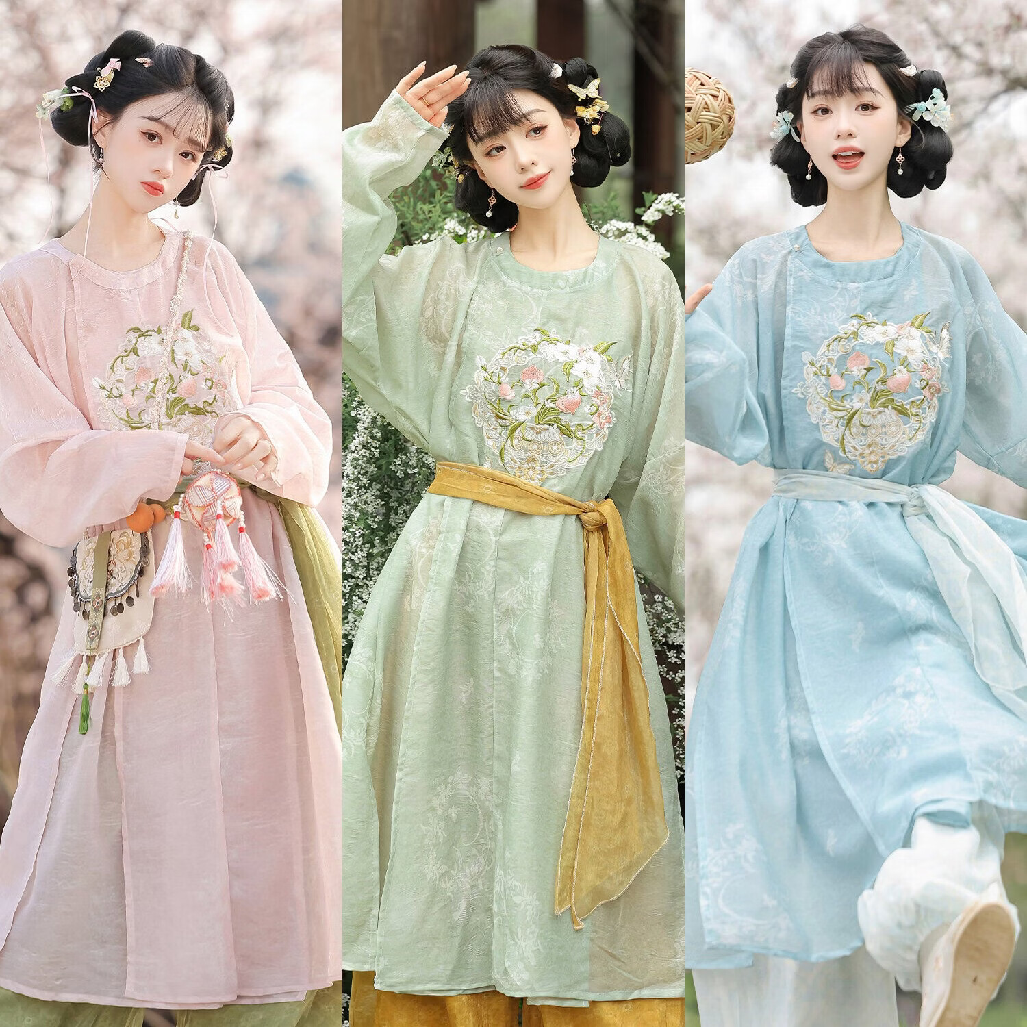 汉虞葵小桃仙原创汉服女唐制中国风刺绣圆领袍灯笼裤日常春夏款 樱花粉圆领袍+青柠绿灯笼裤 L