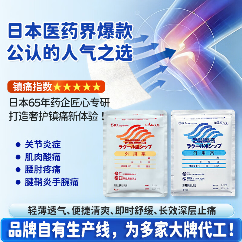 RAKOOL日本进口东光温感冷感消炎镇痛贴舒缓肩颈腰背肌肉关节不适成人外用贴中老年久坐腰肌劳损肩周僵硬家用膏药贴 冷感贴5枚*10袋
