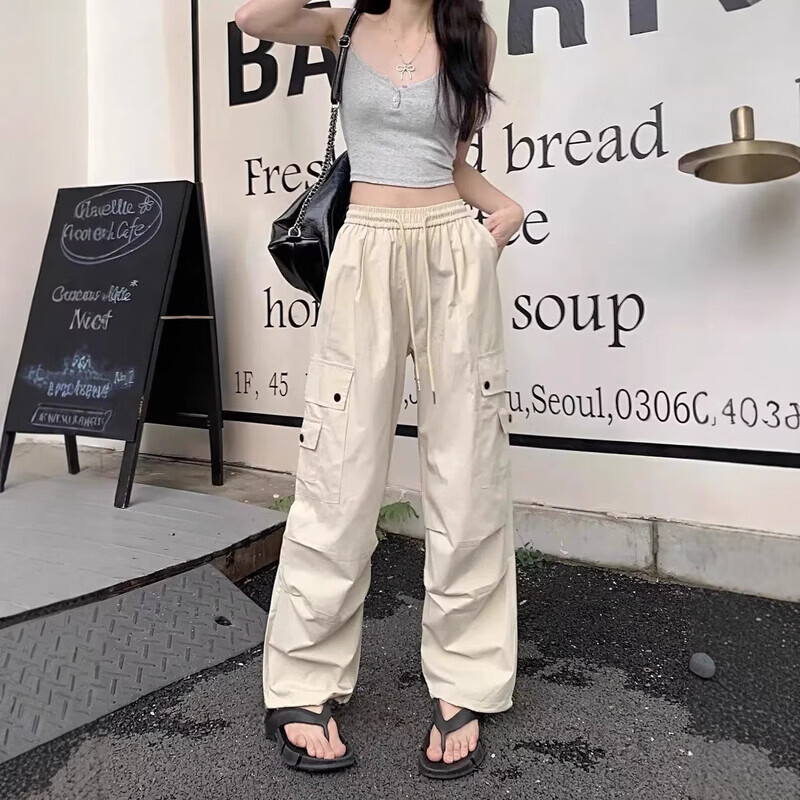 YOUNVFR美式工装裤女休闲高腰显瘦直筒裤子宽松百搭阔腿运动裤ins 诚M03米杏色 L /110-115斤 YOUNVFR美式工装裤女休闲高腰显瘦直筒裤子宽松百搭阔腿运动裤ins 诚M03米杏色 L /110-115斤