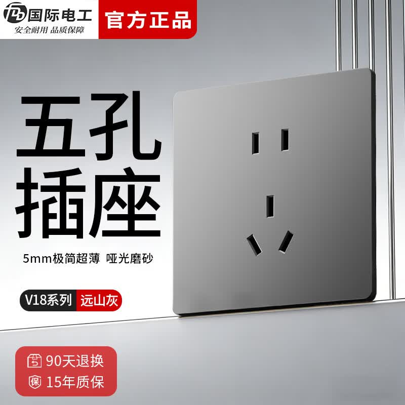 国际电工（FDD）86型暗装哑光肤感开关插座面板家用墙壁一开五孔灰色16A空调插座 正五孔插座