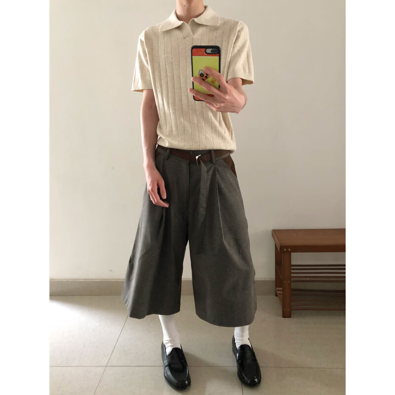 TAICHIISM“麂皮打褶”千鸟格拼接老钱风优雅cleanfit七分短西裤 黑色 XL