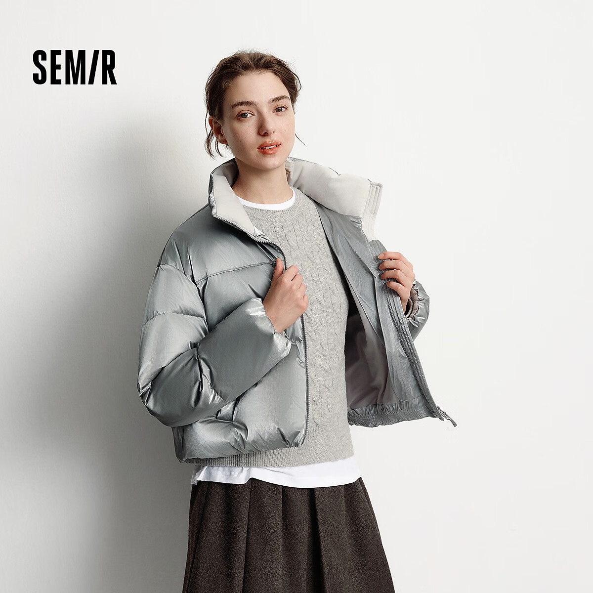 森马(Semir)羽绒服女冬哑光肌理80绒子宽松立领2025新款小个子甜酷面包服 中灰(灰鸭绒)20408 M