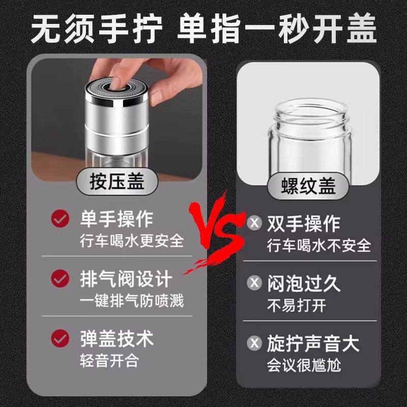 JCZS品质一键开盖双层玻璃杯男士防摔高硼硅车载泡茶水杯茶水分离 【摔碎包赔 双层加厚】300ML金色