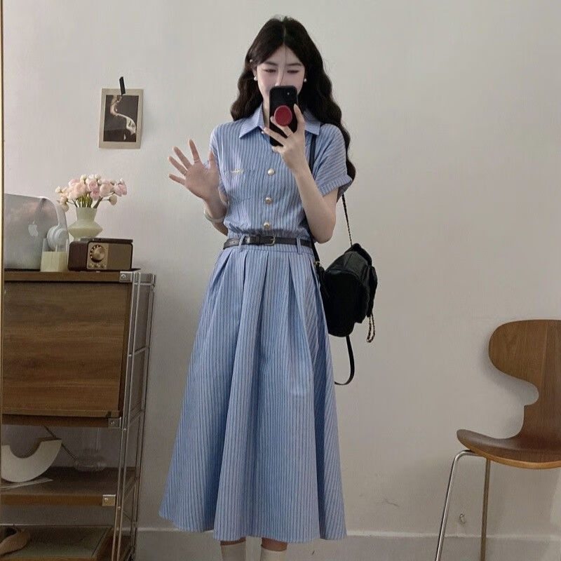 韩系学院风衬衫连衣裙子女装独特漂亮掐腰裙夏季2026新款收腰长裙 蓝色(含腰带) S 【建议90-100斤】