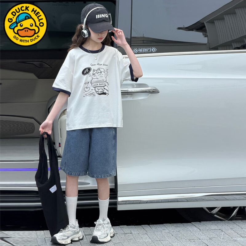 G.duck小黄鸭女童夏季韩版卡通印花短袖T恤套装款女孩夏款时尚牛仔短裤 猫咪套装 170 cm