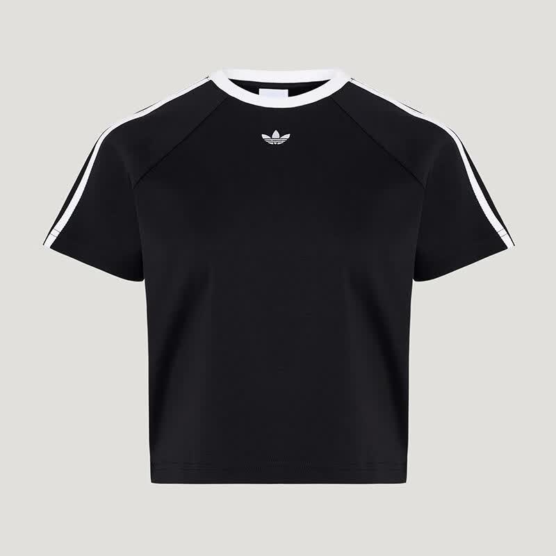 阿迪达斯（adidas）三叶草女装 26春夏新款三条纹棉质舒适透气运动休闲短款短袖T恤 黑色 S