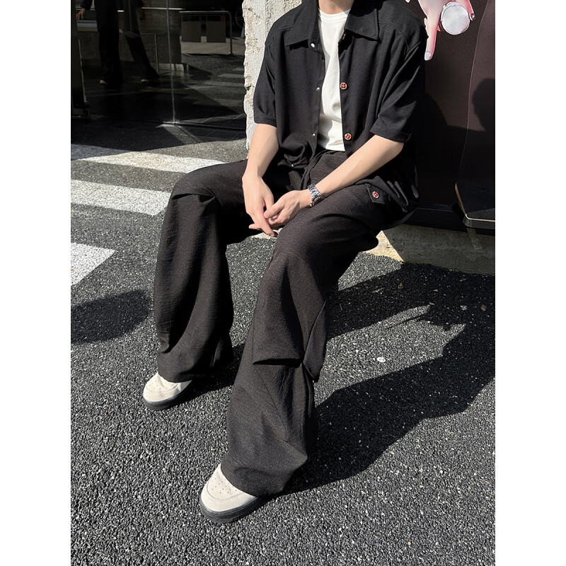 YORK ZOOM夏季新款美式仿麻垂感褶皱长裤宽松薄款透气阔腿休闲裤 藏青色 3XL