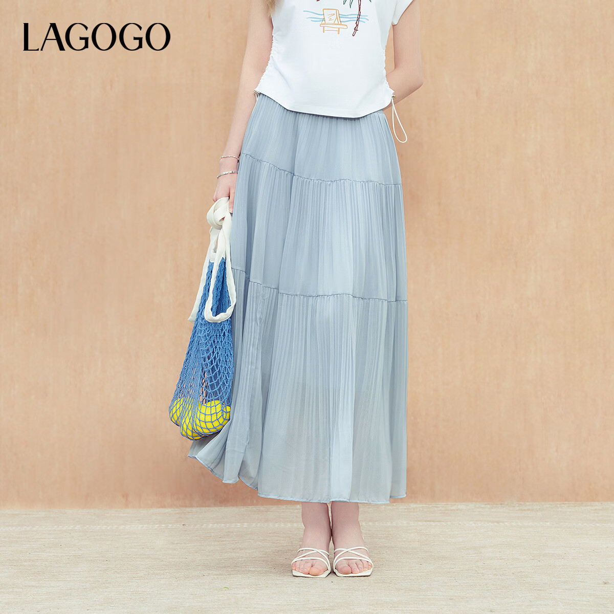 LAGOGO浪漫公主半身裙女拉谷谷2025年夏季新款雪纺百褶百搭仙女裙 浅蓝色 M