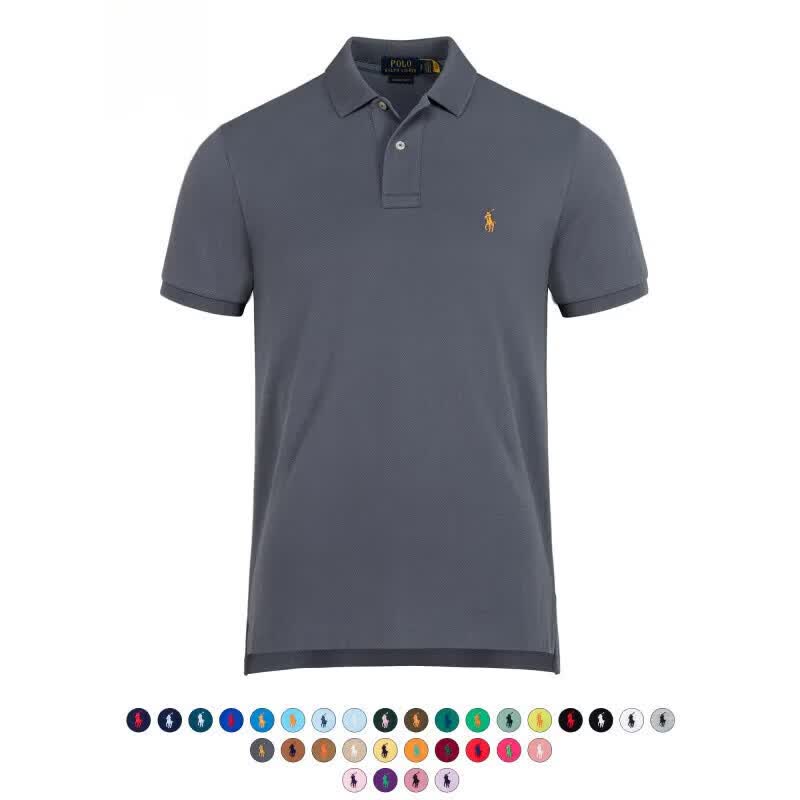 RALPH LAUREN 拉夫劳伦男装小马标短袖Polo衫上衣夏季高端休闲纯棉翻领半袖男士T恤透气 宝蓝-红标 L 备注身高体重,按身高体重定制发货