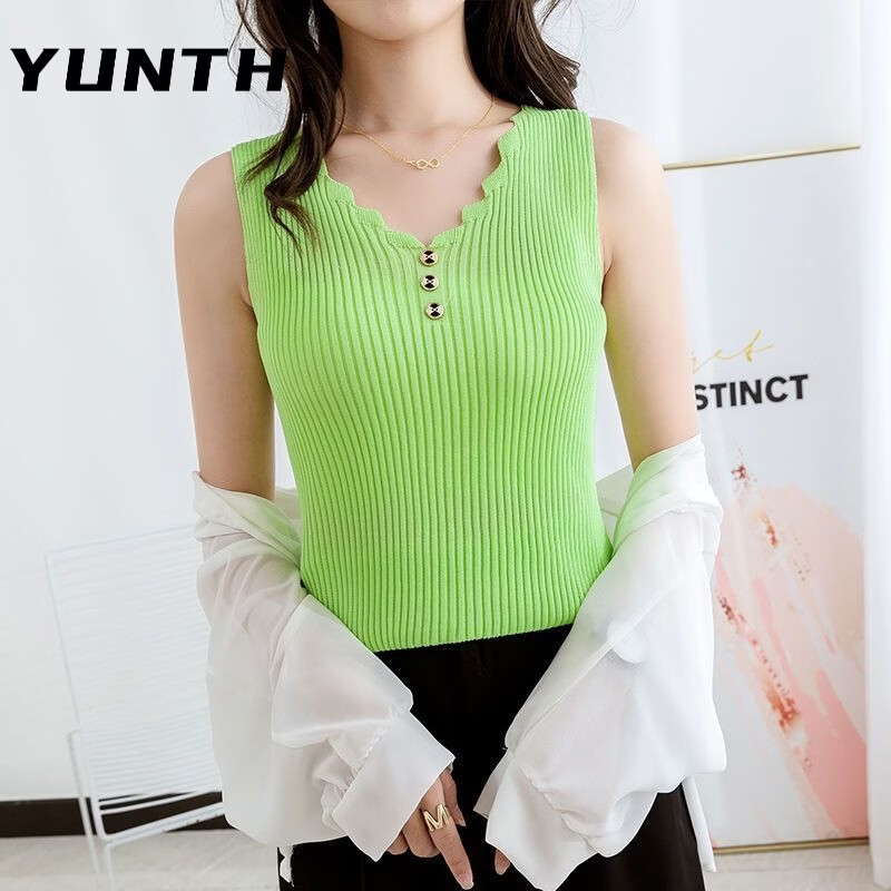 YUNTH夏装冰丝吊带针织背心女美背宽松百搭无袖大码韩版打底V领显瘦 黑色不掉色 XS 建议80-90斤