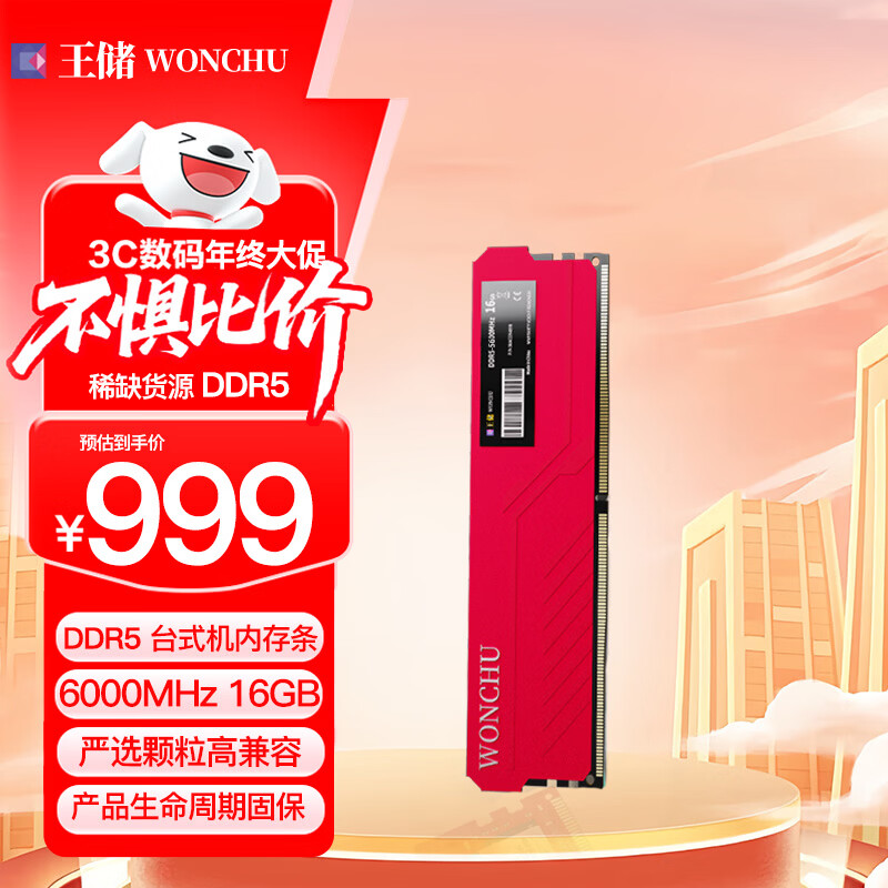 王储DDR5 6000MT/s 16G/32G PS5 游戏超频内存条 CL38 电竞/设计 台式机电脑 散热马甲条 镁光颗粒  旗舰版红龙 单条 6000MT/s 16GB 1条