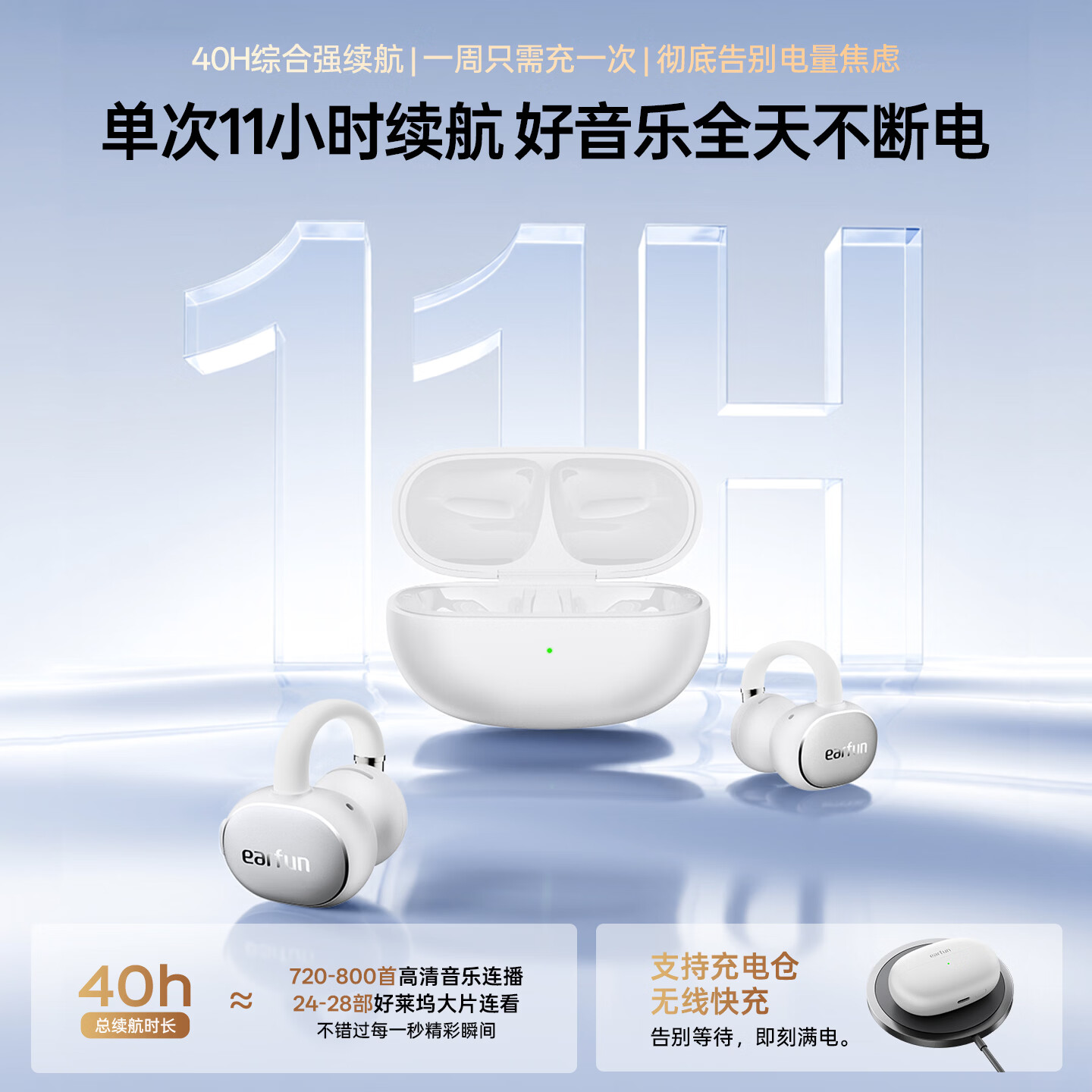 EarFun 丽耳【2026新款】Clip2耳夹式蓝牙耳机开放不入耳AI翻译骨传导感运动防汗降噪长续航适用华为苹果小米 免费AI翻译丨运动健身防汗 极昼白 支持7天试用丨退货包运费丨18个月质保