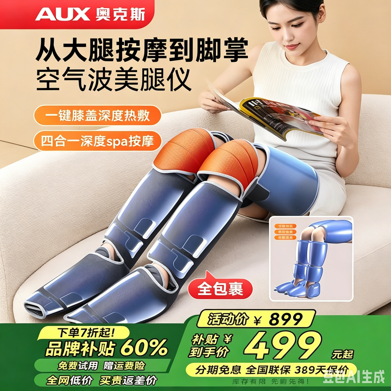 奥克斯（AUX）加热膝盖腿部按摩器按摩仪空气波美腿仪非气压力治理疗仪大小腿揉捏静脉老人曲张足疗机礼物实用 礼盒双支款【专业级全包裹+大动力空气波+膝盖热敷】 高端父母亲节礼物实用生日送爸爸妈妈长辈