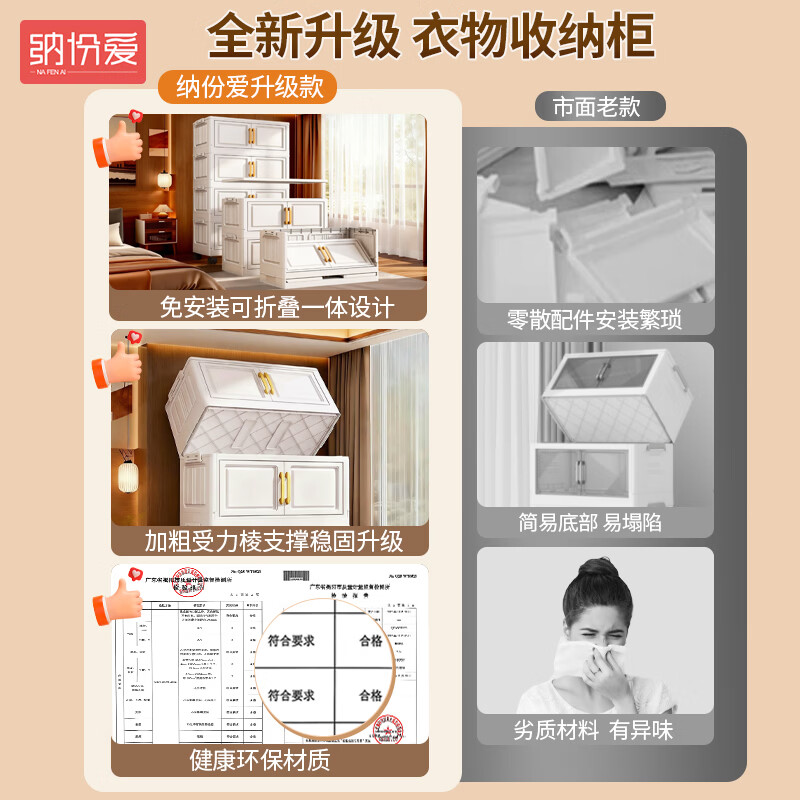 纳份爱折叠收纳柜免安装高颜值零食杂物柜加厚衣服衣物储物柜飘窗整理箱 50面宽【奶白】限时秒杀 5层【加固框架强承重】