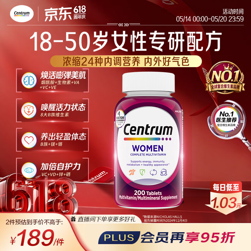 善存海外 女士复合维生素 VDEB族B12烟酰胺铁钙镁锌硒叶酸铁 200粒/瓶