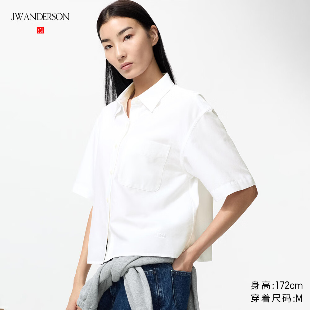 优衣库合作款/女装男装牛津纺箱型衬衫/短袖衬衣484849 00 白色 S