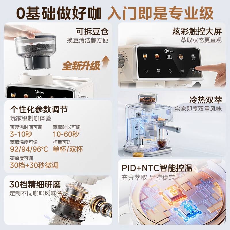 美的（Midea）【价保618】意式半自动咖啡机冷热双萃研磨一体机小型半自动家用送礼物磨豆机可打奶泡MA-GEE51C20