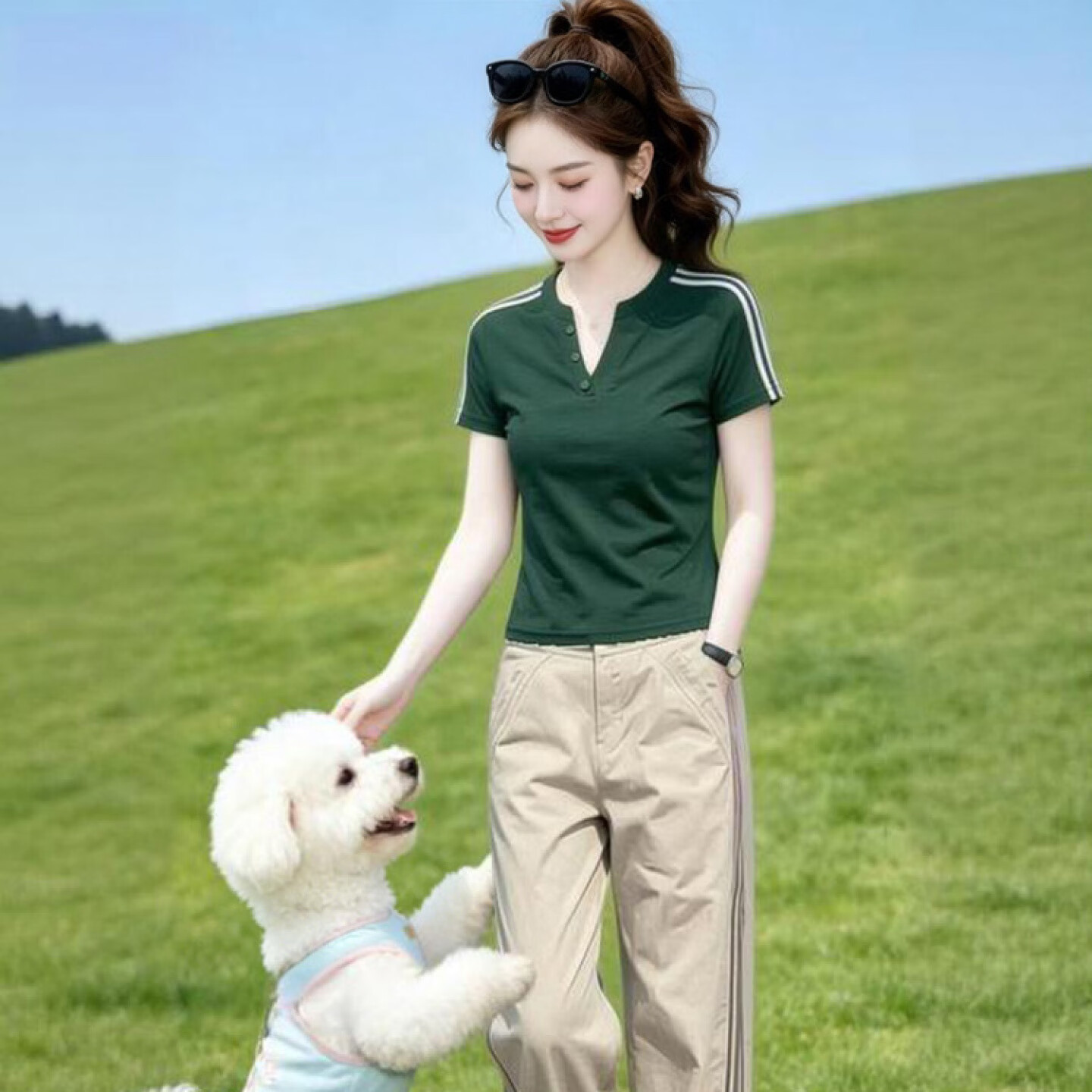 素订品牌高端女装时尚百搭弹力T恤+休闲显瘦遮腿型阔腿裤两件套女新款 墨绿色T恤+浅卡其色裤子 XL