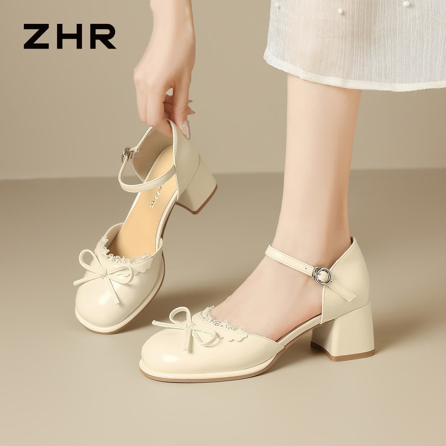 ZHR则则玛丽珍鞋女2026新款夏法式jk小皮鞋蝴蝶结粗跟包头凉鞋Q86米色39