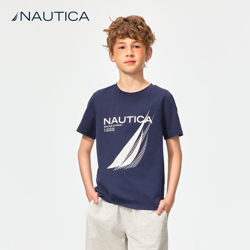NAUTICA诺帝卡童装女童男童套装夏季短袖t恤儿童夏季套装亲肤上衣速干 白色-上衣 160
