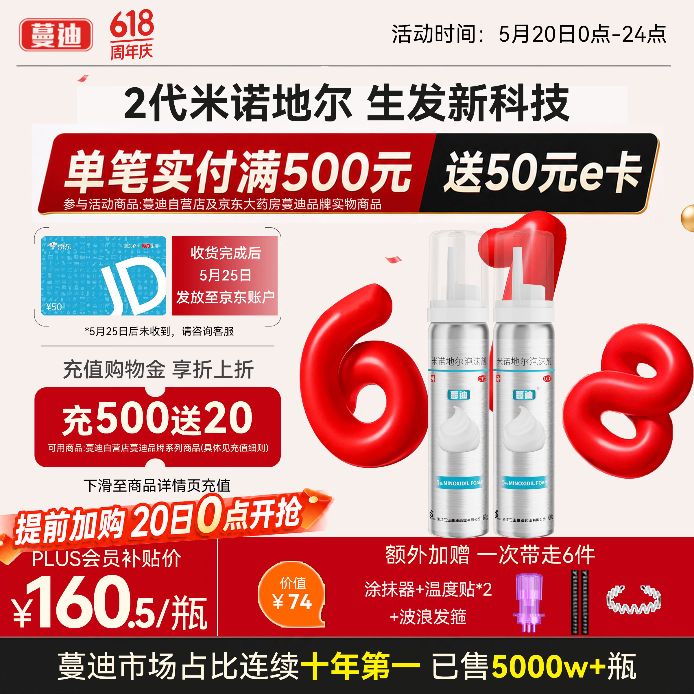 【第二代米诺地尔】蔓迪生发泡沫60g*2（敏皮专属 温和不油腻）5%男女士快速防脱育发米洛原液搽剂酊曼迪