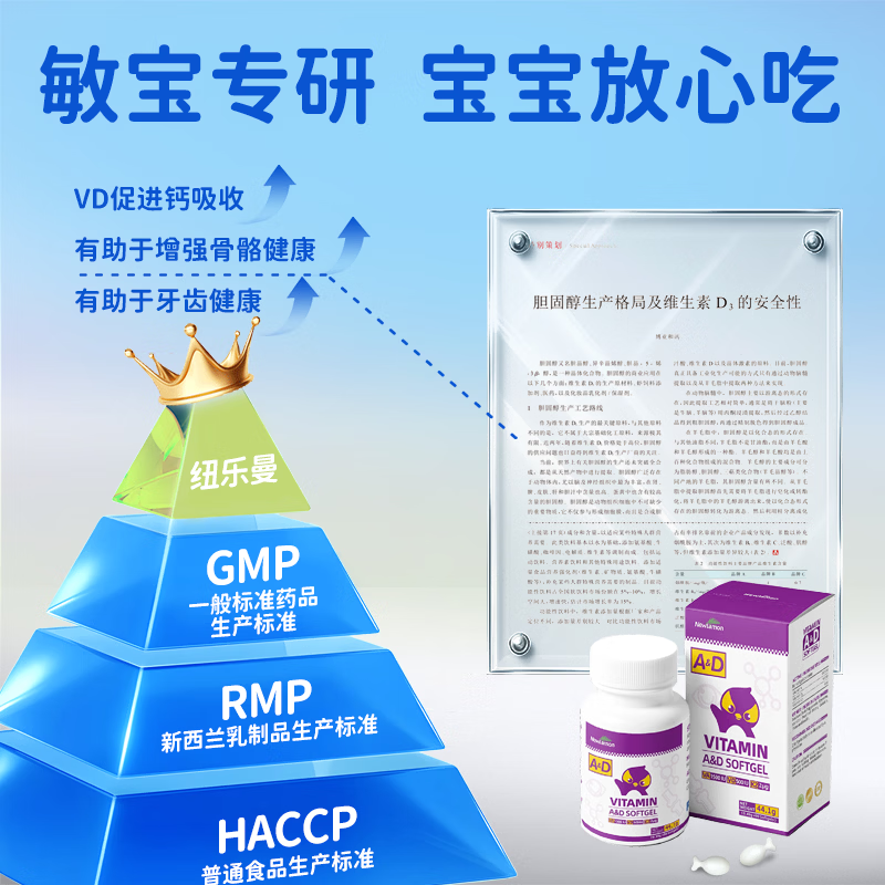 Newlamon纽乐曼维生素ad 婴儿新生儿幼儿童 复合d3胶囊敏宝滴剂进口 3瓶周期装*多盒更划算 90粒*1瓶